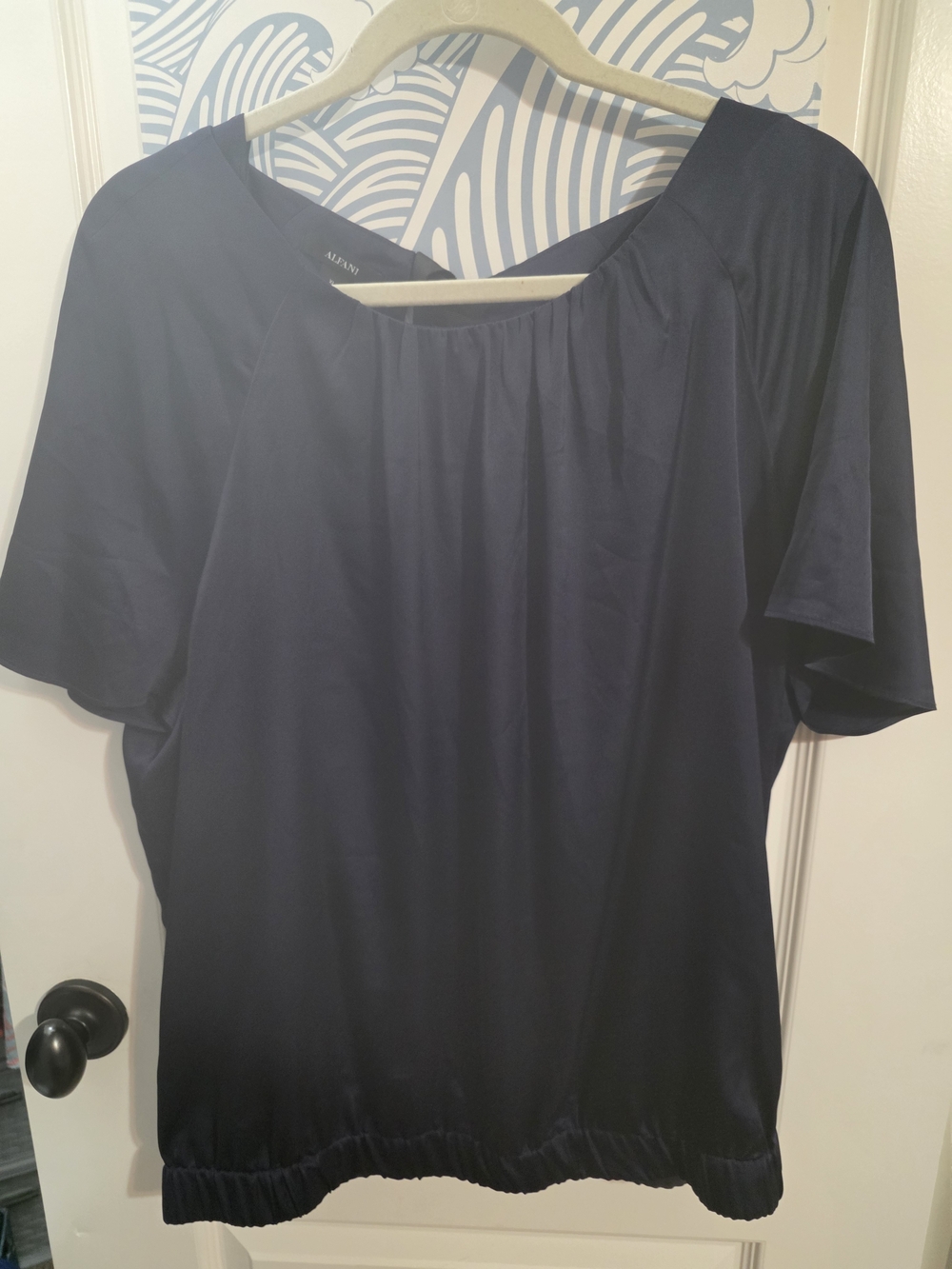 Alfani Navy Short Sleeve Elastic Hem Top